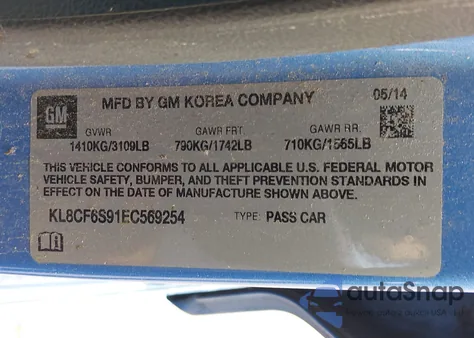 2014 Chevrolet Spark 2Lt Auto из США, поврежденный, VIN KL8CF6S91EC569254